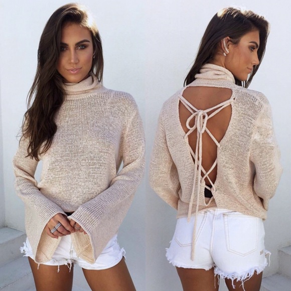 Tops - Lace Up Back Bell Sleeve Knit Top